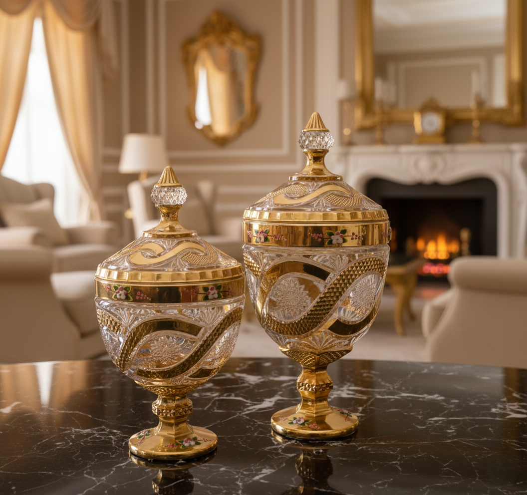 Luxury Crystal Glass Decorative Jar Set with Gold Detailing – Premium Table & Home Décor