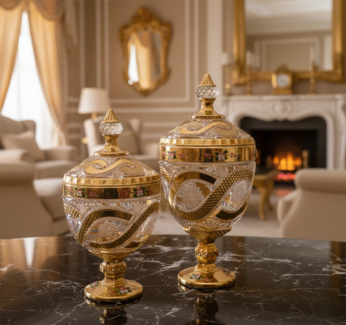 Luxury Crystal Glass Decorative Jar Set with Gold Detailing – Premium Table & Home Décor
