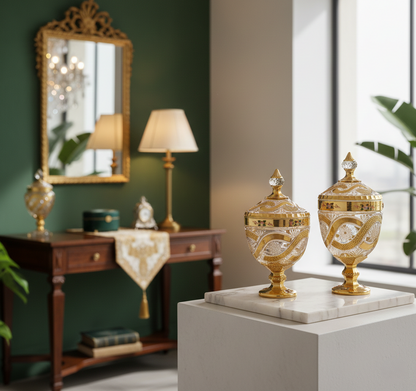Luxury Crystal Glass Decorative Jar Set with Gold Detailing – Premium Table & Home Décor