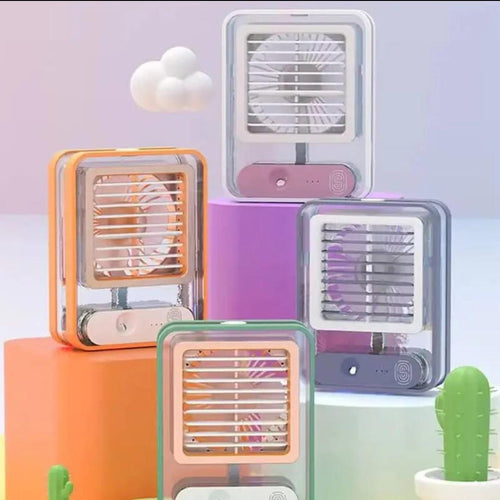 Rechargeable Mini USB Mist Fan with LED Light – Portable Personal Air Cooler Desk Fan