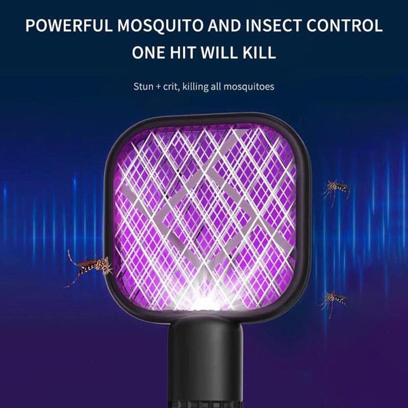 Mosquito swatter with purple grid design on a dark blue background