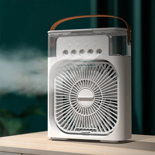 portable mini air cooler side view showing LED display and mist spray function