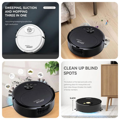 Collage of a robot vacuum cleaner with text highlighting its features on a white background.