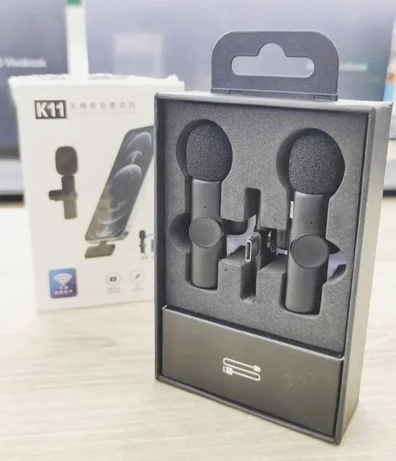 K11 2-in-1 wireless lapel microphone for iPhone and Android smartphones with USB-C and Lightning receiver.