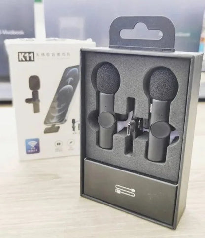 K11 2-in-1 wireless lapel microphone for iPhone and Android smartphones with USB-C and Lightning receiver.