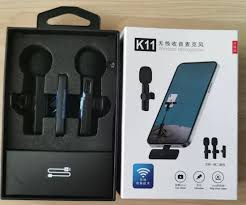 K11 2-in-1 wireless lapel microphone for iPhone and Android smartphones with USB-C and Lightning receiver.