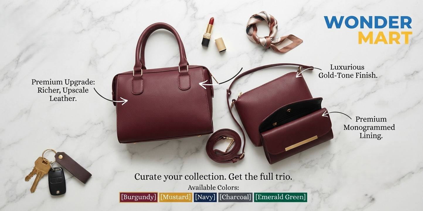 Maron 3-piece ladies handbag set featuring large tote, crossbody bag, and pouch.