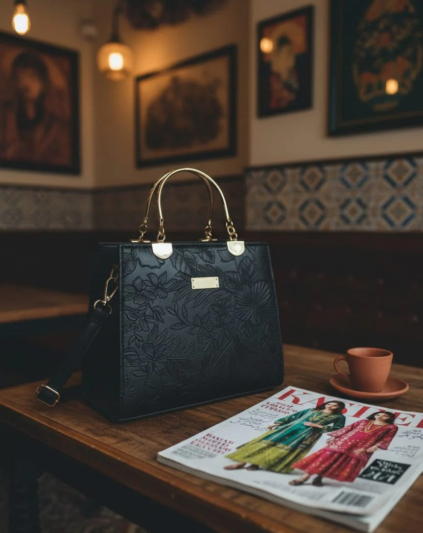 "Model styling Wonder Mart luxury flower handbag for casual and formal wear outfit"
