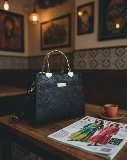 "Model styling Wonder Mart luxury flower handbag for casual and formal wear outfit"