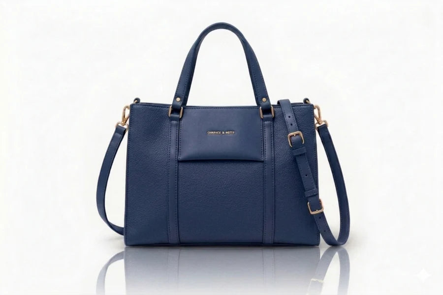 Navy blue textured leather handbag for ladies with gold hardware