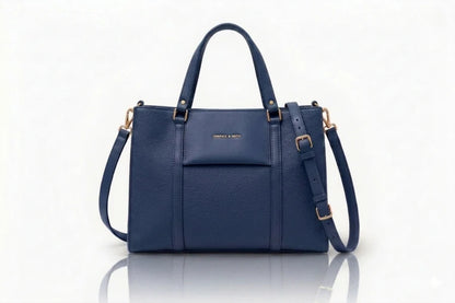 Navy blue textured leather handbag for ladies with gold hardware