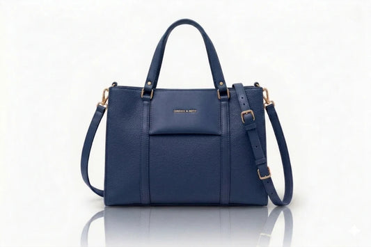 Navy blue textured leather handbag for ladies with gold hardware