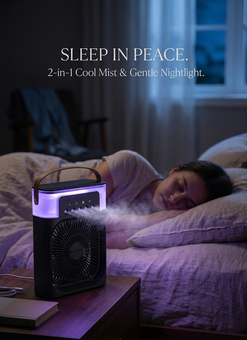 Portable fan with 7-color LED night light glowing in a dark bedroom during a power outage.