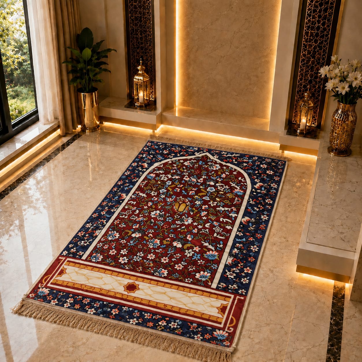 An ornate rectangular prayer rug with a floral arch design, laid out on a polished marble floor in a luxurious interior setting with warm ambient lighting and decorative lanterns.