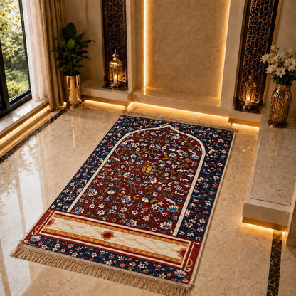 An ornate rectangular prayer rug with a floral arch design, laid out on a polished marble floor in a luxurious interior setting with warm ambient lighting and decorative lanterns.