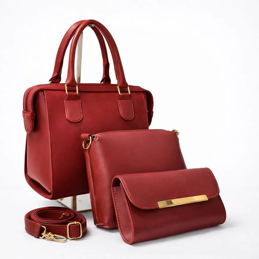 Red 3-piece designer handbag set with premium stitching and gold hardware.