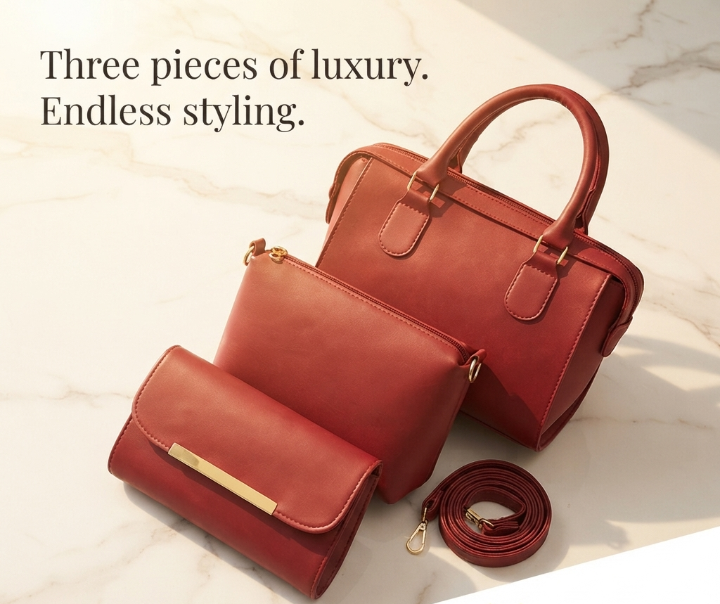 Red tan 3-piece designer handbag set with premium stitching and gold hardware.