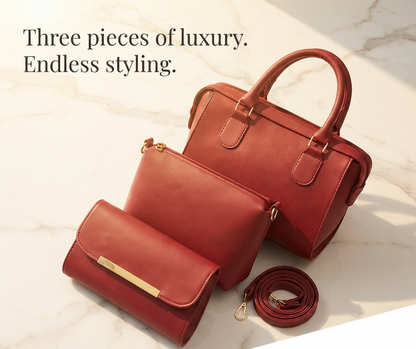 Red tan 3-piece designer handbag set with premium stitching and gold hardware.