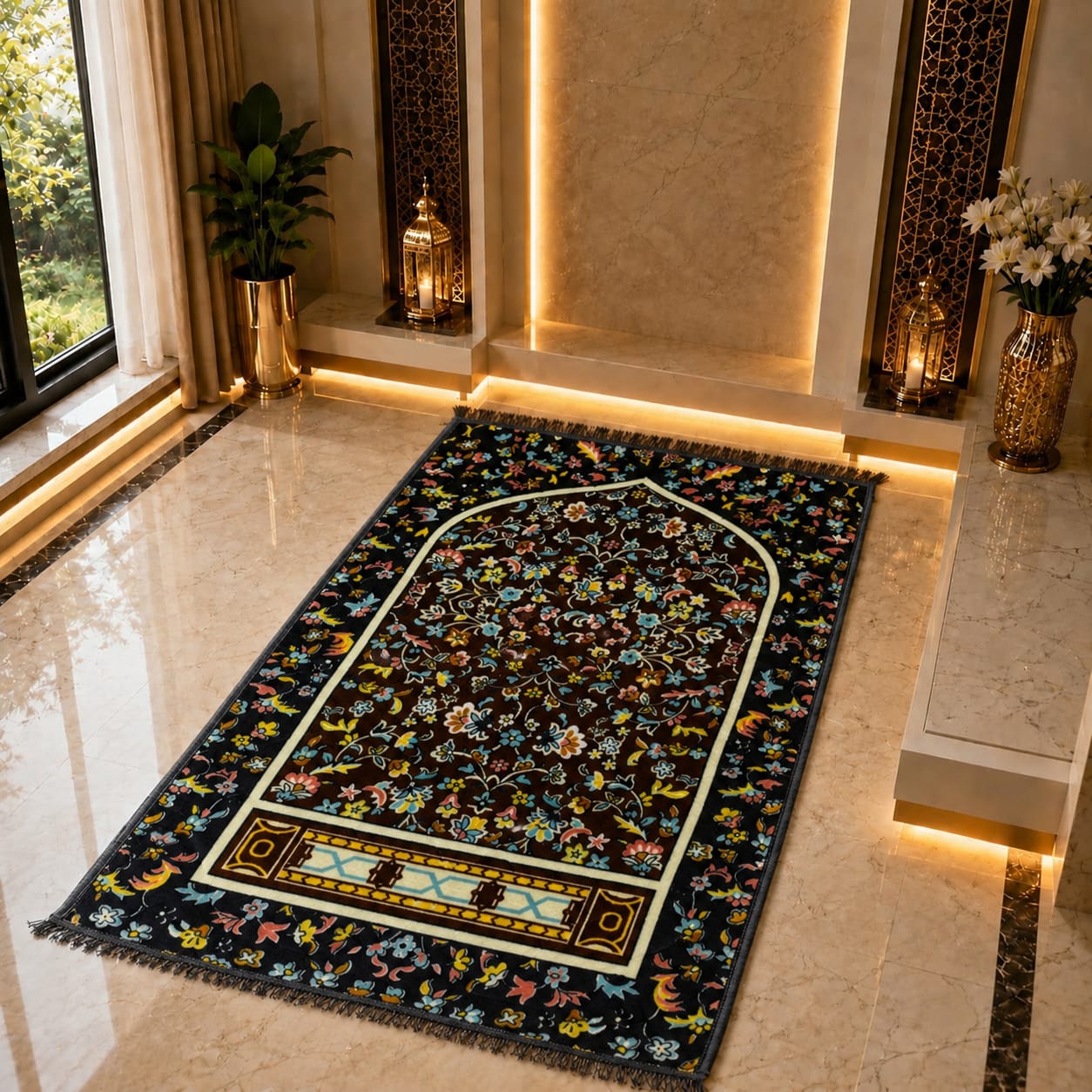 A rectangular Islamic prayer rug with a dark navy blue background and intricate multicolor floral patterns, displayed on a polished beige marble floor in a luxurious interior setting.