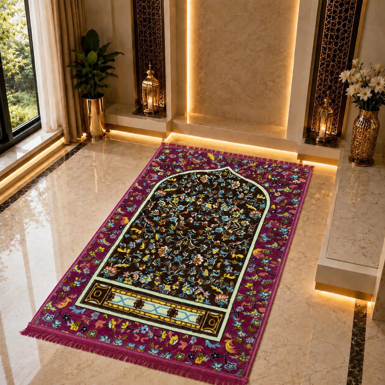 A rectangular prayer rug with an ornate floral pattern and purple border, displayed on a polished marble floor in a luxurious, warmly lit interior setting.