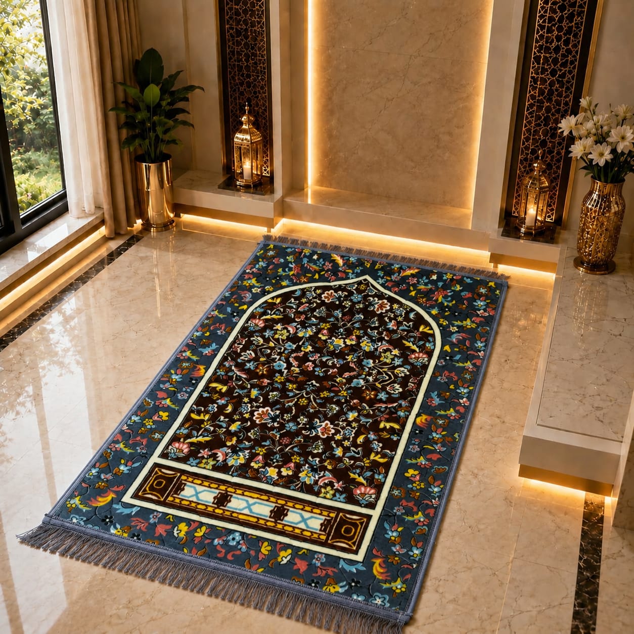 A rectangular decorative prayer rug with a dark navy and black base and intricate multicolor floral patterns, displayed on a polished marble floor in a luxurious interior setting.