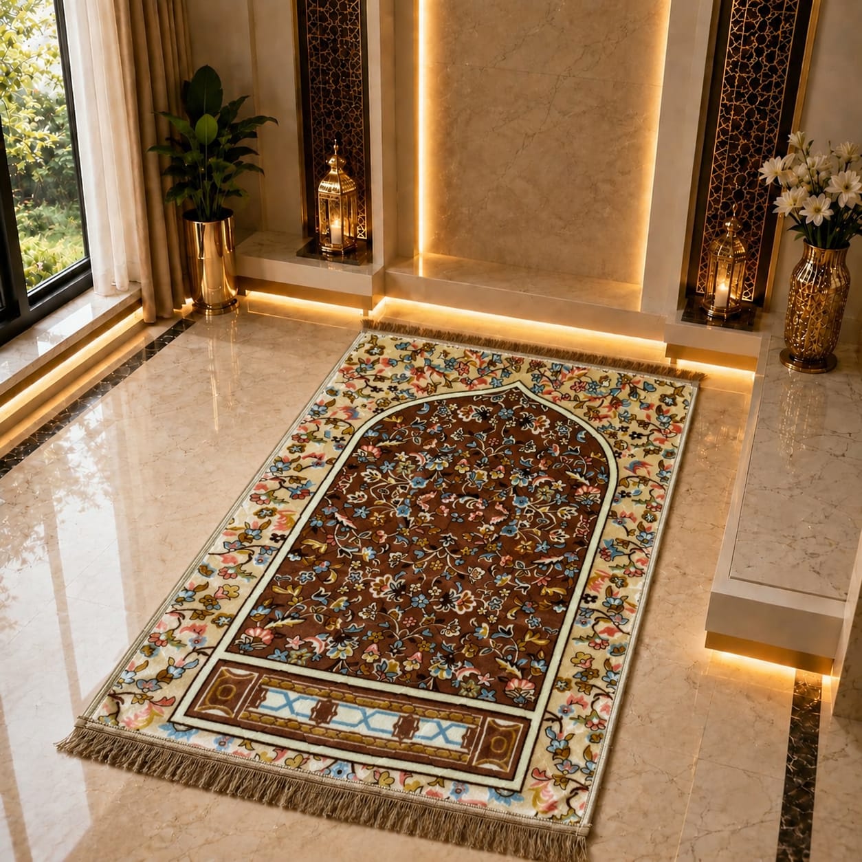 A rectangular Islamic prayer rug with an ornate floral pattern and fringe, displayed on a polished marble floor in a luxurious, warmly lit room.