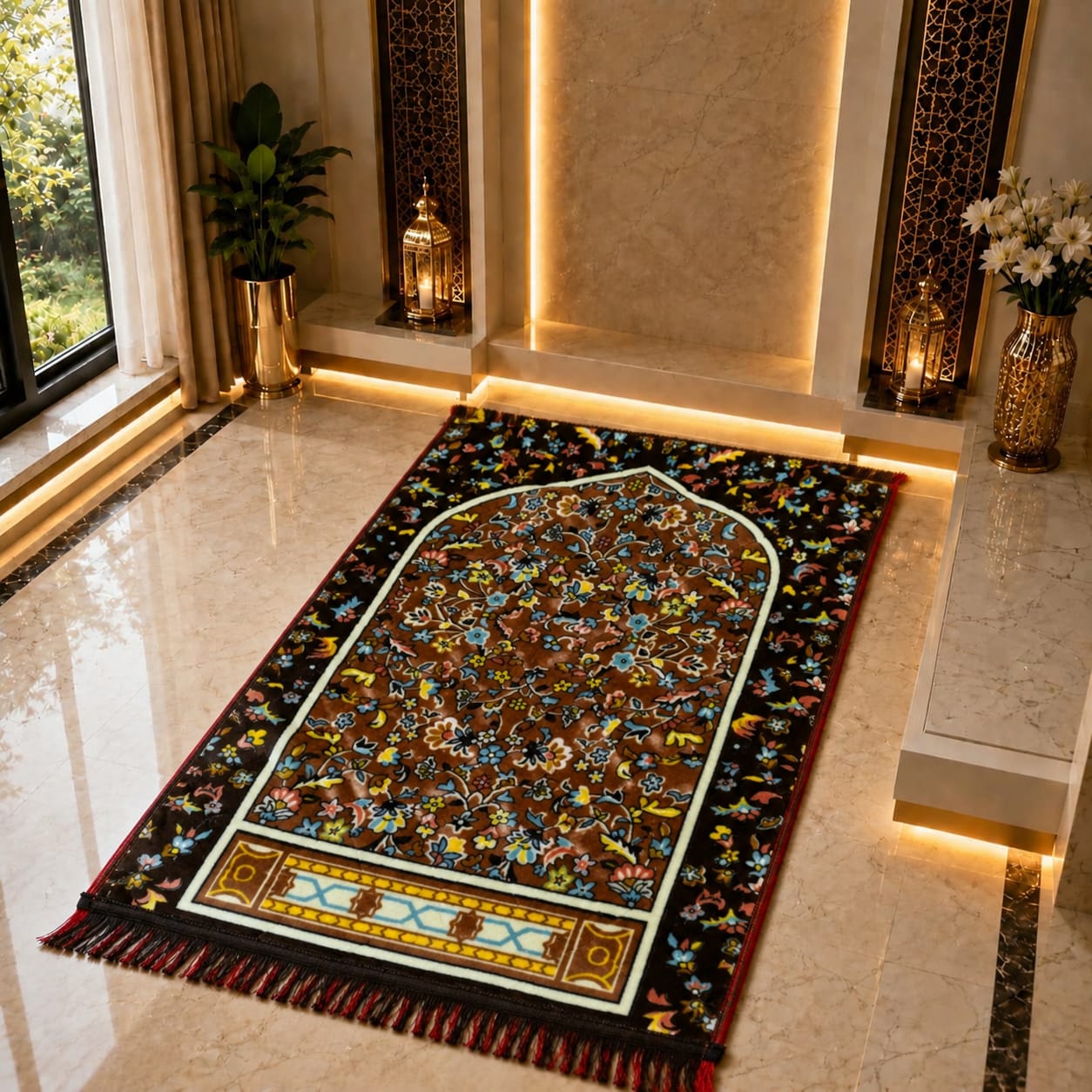 An ornate rectangular prayer rug with a detailed arch-shaped central motif and multicolored floral patterns, placed on a polished marble floor in a luxurious interior setting.