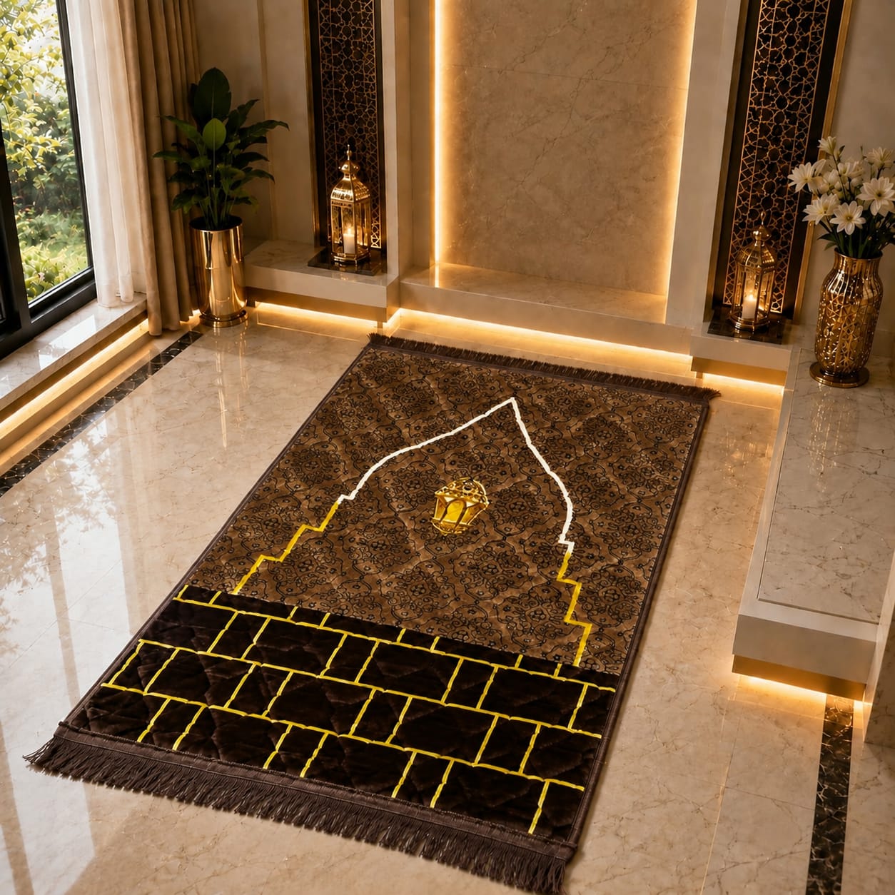 A rectangular prayer rug with fringe, shown laid out on a polished marble floor in a luxurious interior setting. The rug features a dark brown and black pattern with a white mihrab design and yellow geometric border details.