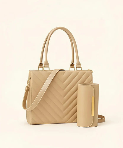 The Vespera ladies quilted tote bag set in Royal Green and Beige