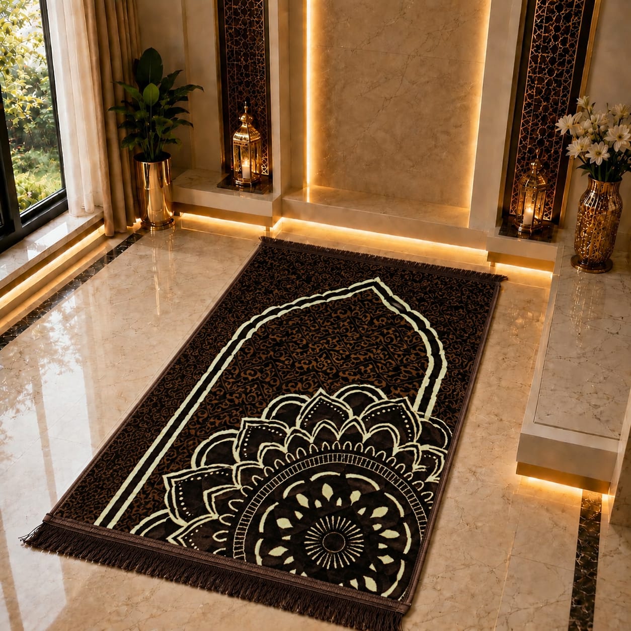 A rectangular prayer rug with a black background and cream-colored mandala and arch designs, laid out on a polished beige marble floor in a luxurious interior setting with warm ambient lighting.