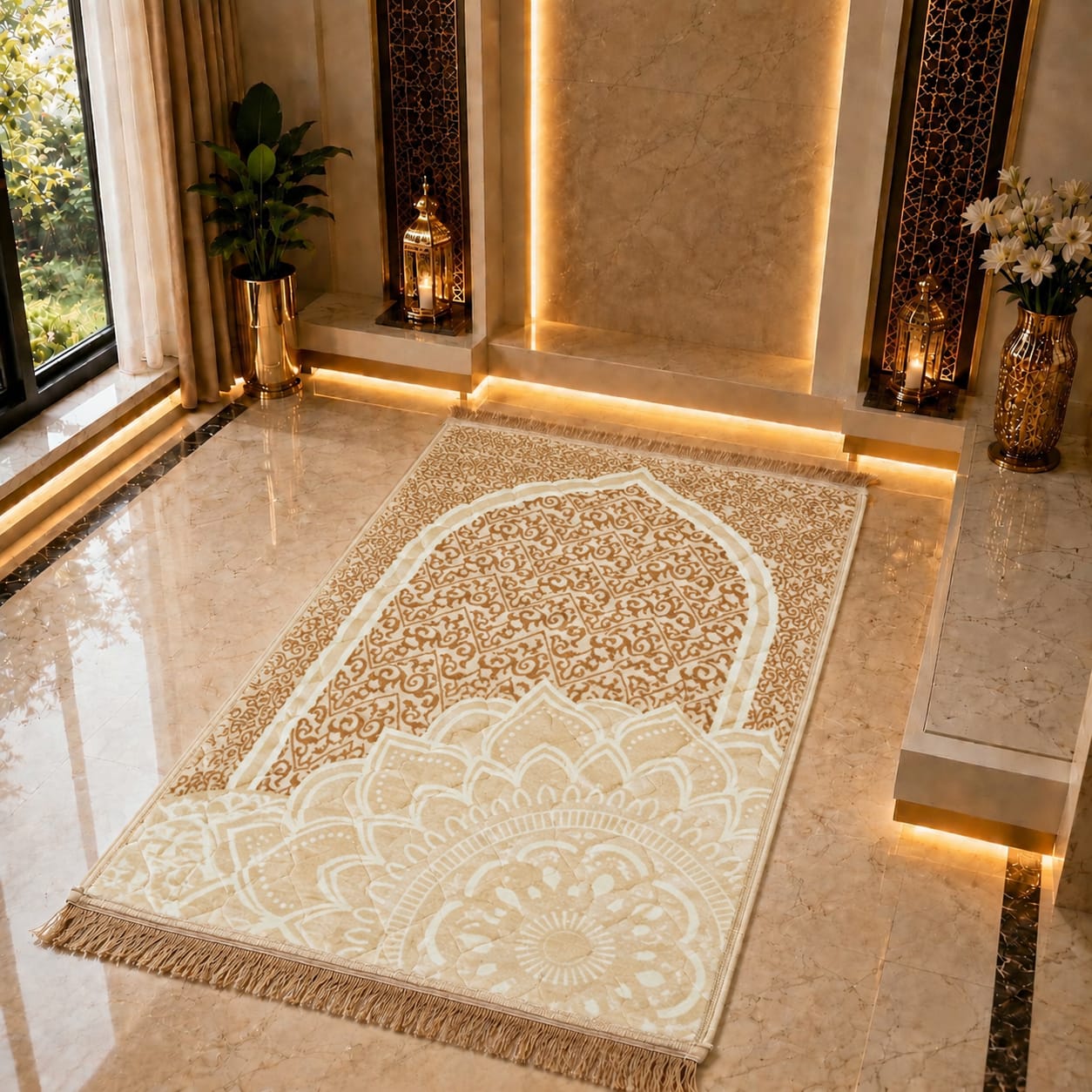 An ornate rectangular prayer rug with a cream and beige Arabic arch and mandala pattern, displayed on a polished beige marble floor in a luxurious interior setting.