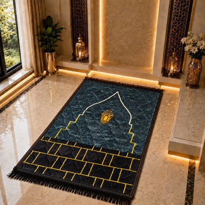 A rectangular prayer rug with a dark blue and black design, featuring a white mihrab arch and gold lantern details, displayed on a polished marble floor in a luxurious interior setting.