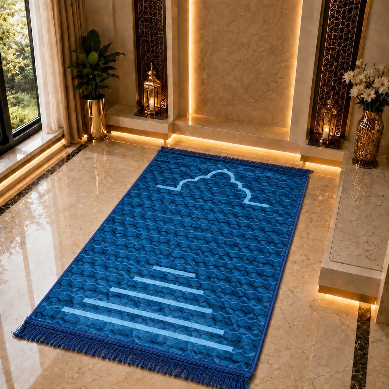 A blue rectangular prayer rug with a textured fish-scale pattern and white arch and stripe motifs, displayed on a polished beige marble floor in a decorated interior setting.