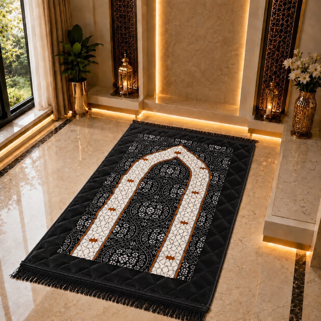A rectangular black prayer rug with a white mihrab arch design and gold accents, laid out on a polished marble floor in a luxurious, warmly lit mosque-like interior.