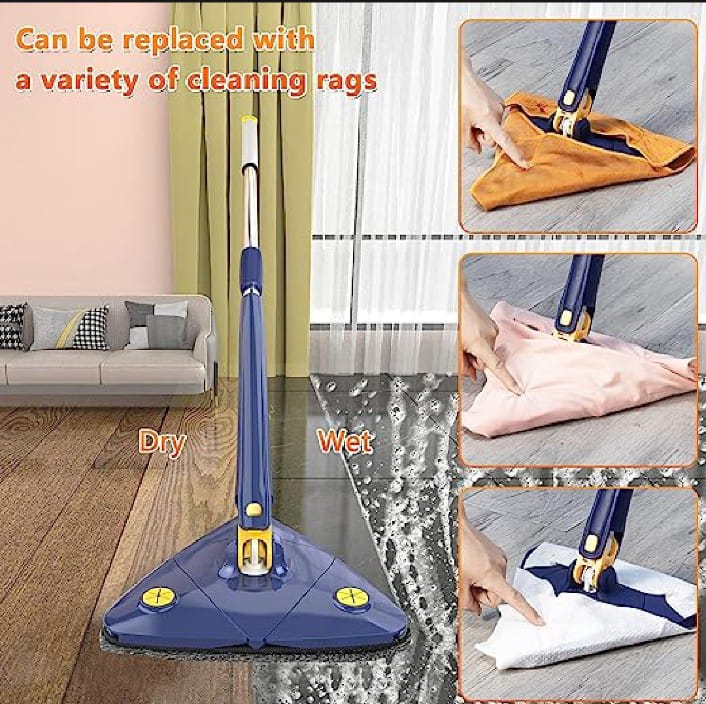 Triangle Cleaning Mop – 360° Rotatable Telescopic Microfiber Mop with 4 Pads for Wet & Dry Floor Cleaning