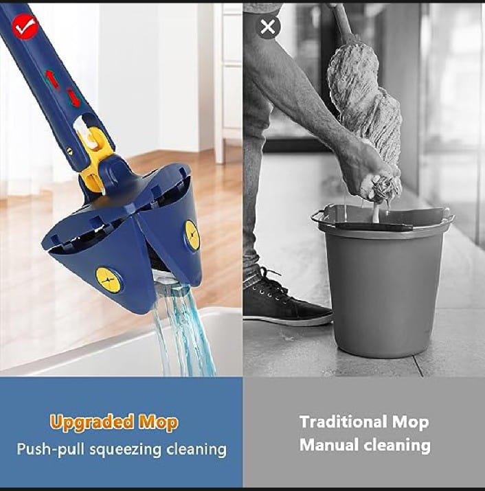 Triangle Cleaning Mop – 360° Rotatable Telescopic Microfiber Mop with 4 Pads for Wet & Dry Floor Cleaning