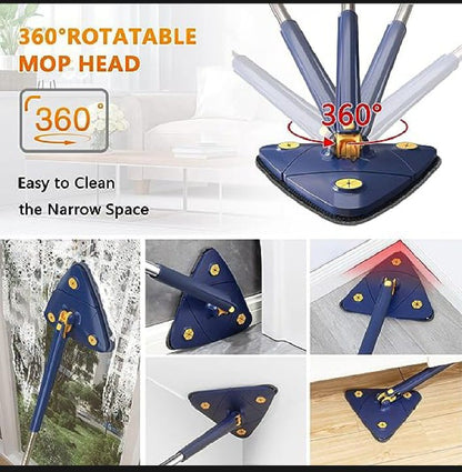 Triangle Cleaning Mop – 360° Rotatable Telescopic Microfiber Mop with 4 Pads for Wet & Dry Floor Cleaning