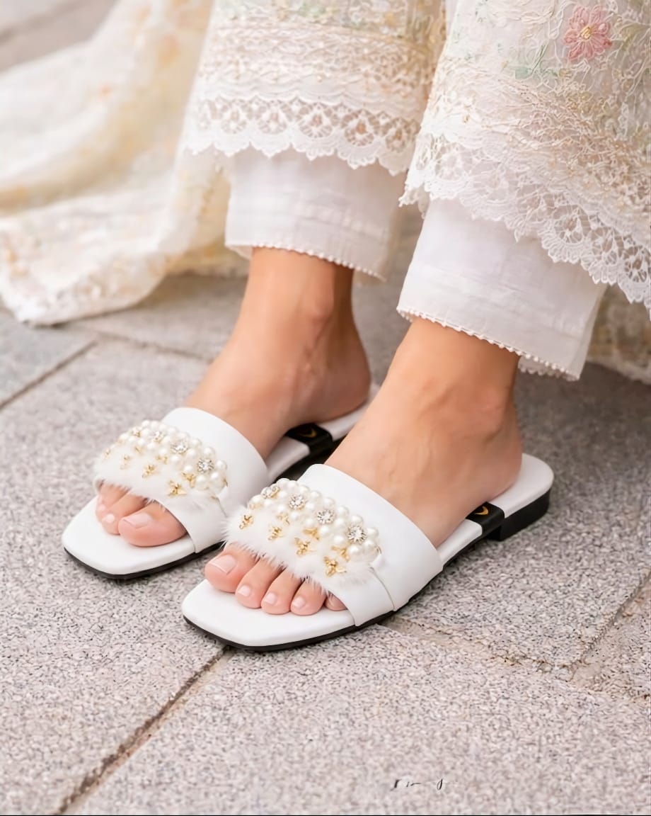 Ladies Luxury Embellished Slipper Flats with Pearl - Eid Collection