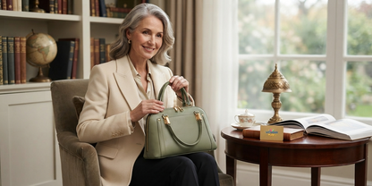 Woman styling the Aura Luxe Patent Box Bag as a chic crossbody purse with adjustable strap.