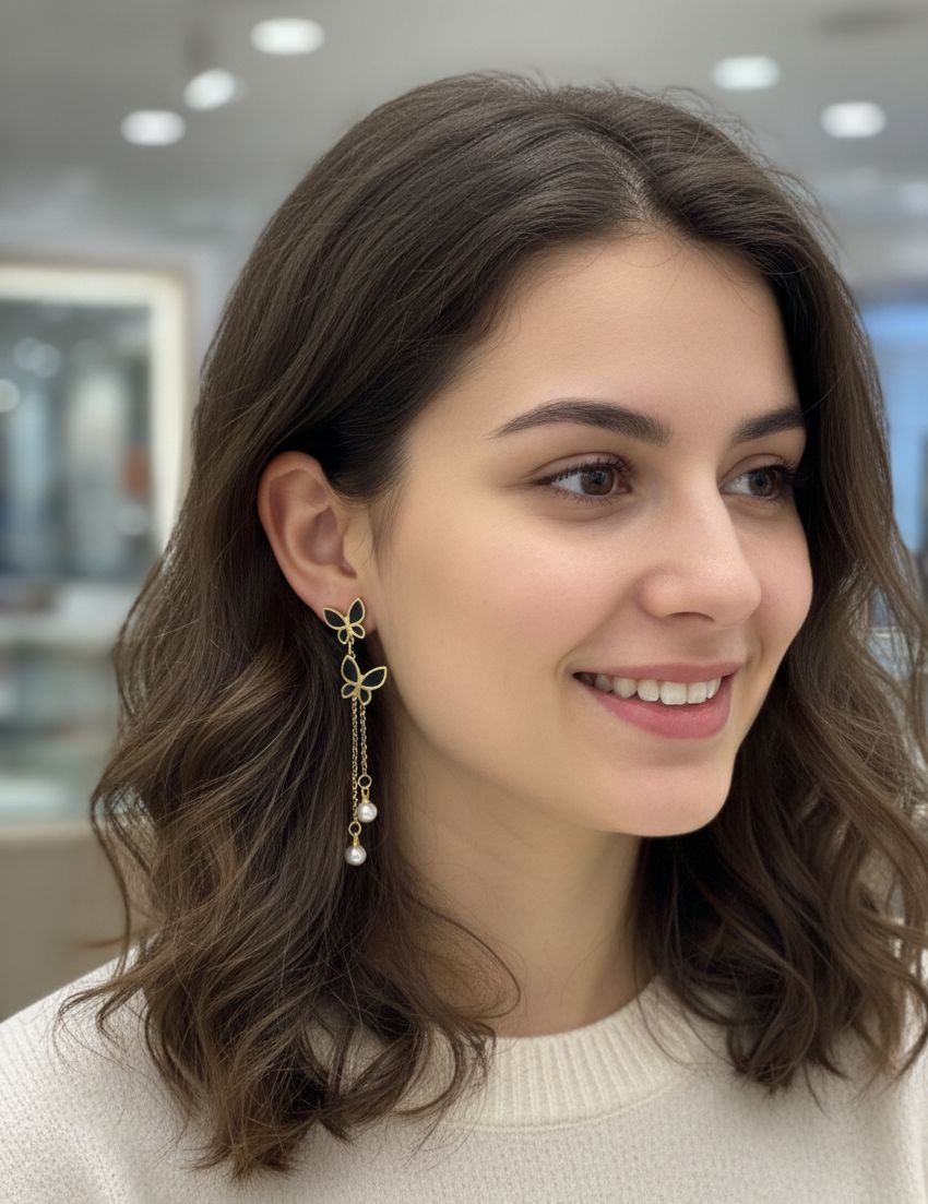 Woman wearing a gold earring with a pearl, smiling indoors.