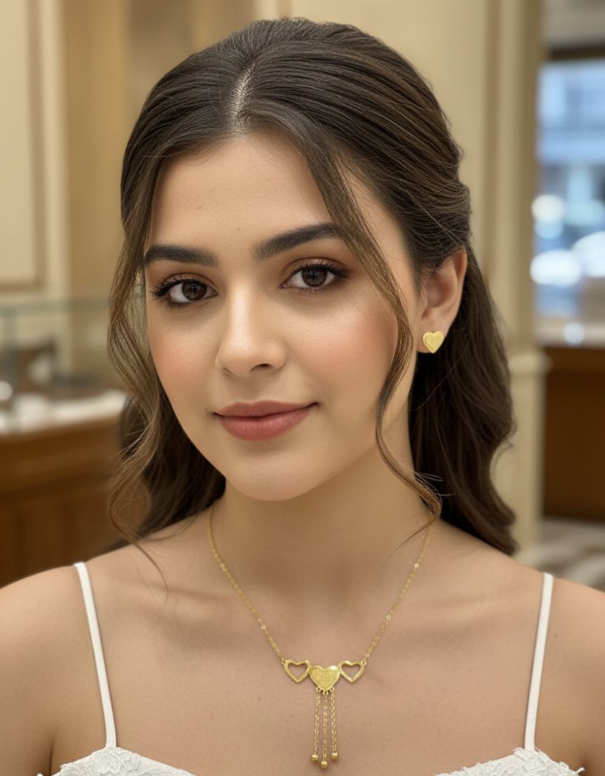 Woman wearing a gold necklace and earrings indoors