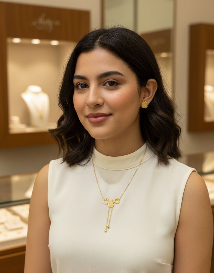 Woman wearing a gold necklace in a jewelry store setting