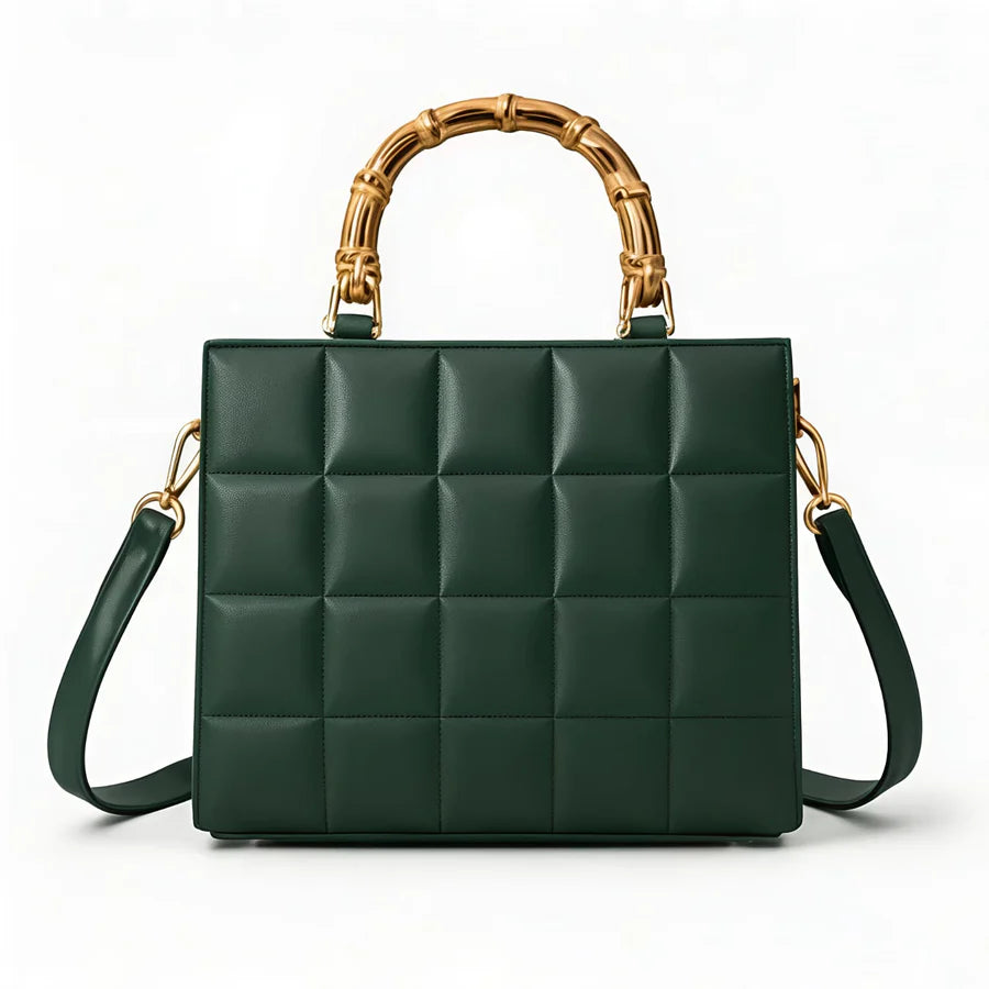 Wonder Mart Milano Bamboo Luxe Quilted Handbag in Black featuring premium leather, quilted design, bamboo-style top handles, gold-tone hardware, spacious interior, and adjustable shoulder strap.....