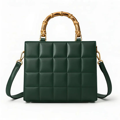 Wonder Mart Milano Bamboo Luxe Quilted Handbag in Black featuring premium leather, quilted design, bamboo-style top handles, gold-tone hardware, spacious interior, and adjustable shoulder strap.....