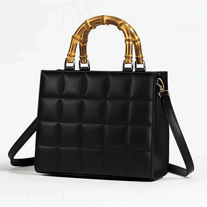 Wonder Mart Milano Bamboo Luxe Quilted Handbag in Black featuring premium leather, quilted design, bamboo-style top handles, gold-tone hardware, spacious interior, and adjustable shoulder strap...