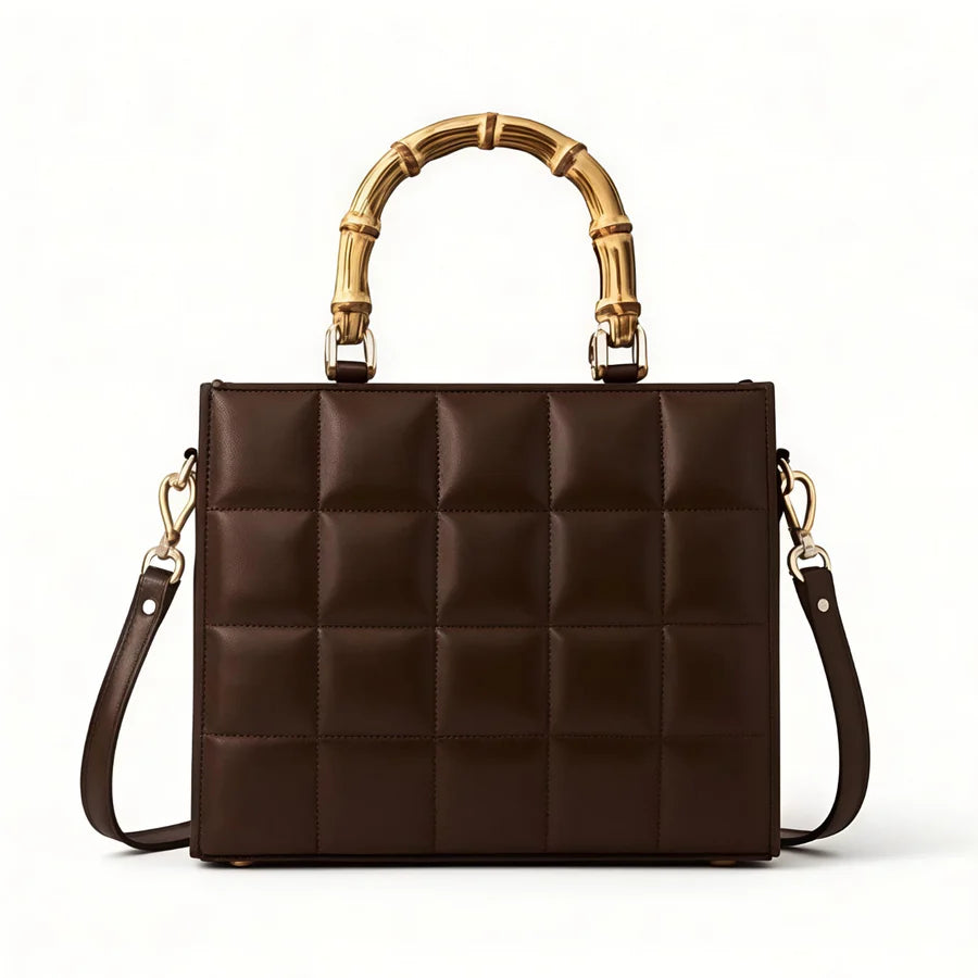 Wonder Mart Milano Bamboo Luxe Quilted Handbag in Black featuring premium leather, quilted design, bamboo-style top handles, gold-tone hardware, spacious interior, and adjustable shoulder strap..