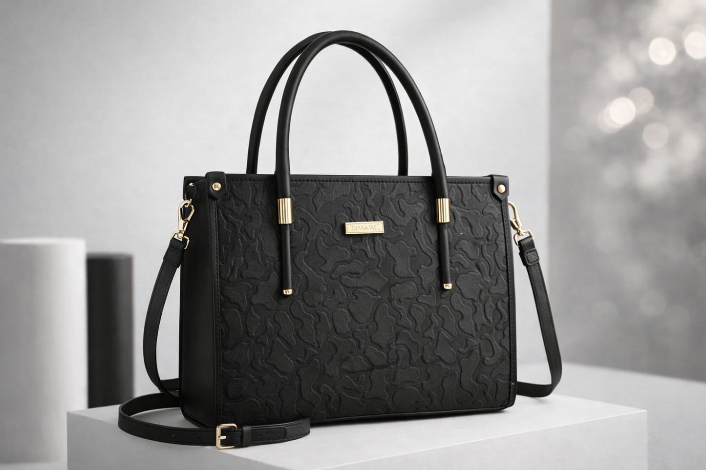 Wonder Mart Vienna Royale Embossed Tote Handbag in Royal black featuring premium faux leather, elegant embossed floral texture, gold-tone hardware, structured design, top handles, and detachable shoulder strap.