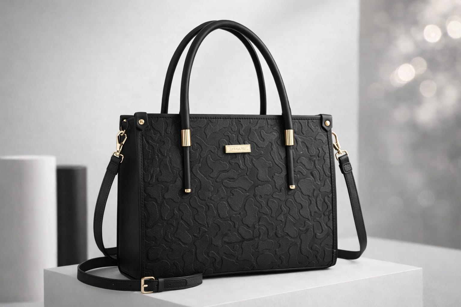 Wonder Mart Vienna Royale Embossed Tote Handbag in Royal black featuring premium faux leather, elegant embossed floral texture, gold-tone hardware, structured design, top handles, and detachable shoulder strap.