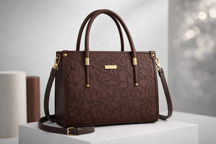 Wonder Mart Vienna Royale Embossed Tote Handbag in Royal dark brown featuring premium faux leather, elegant embossed floral texture, gold-tone hardware, structured design, top handles, and detachable shoulder strap.