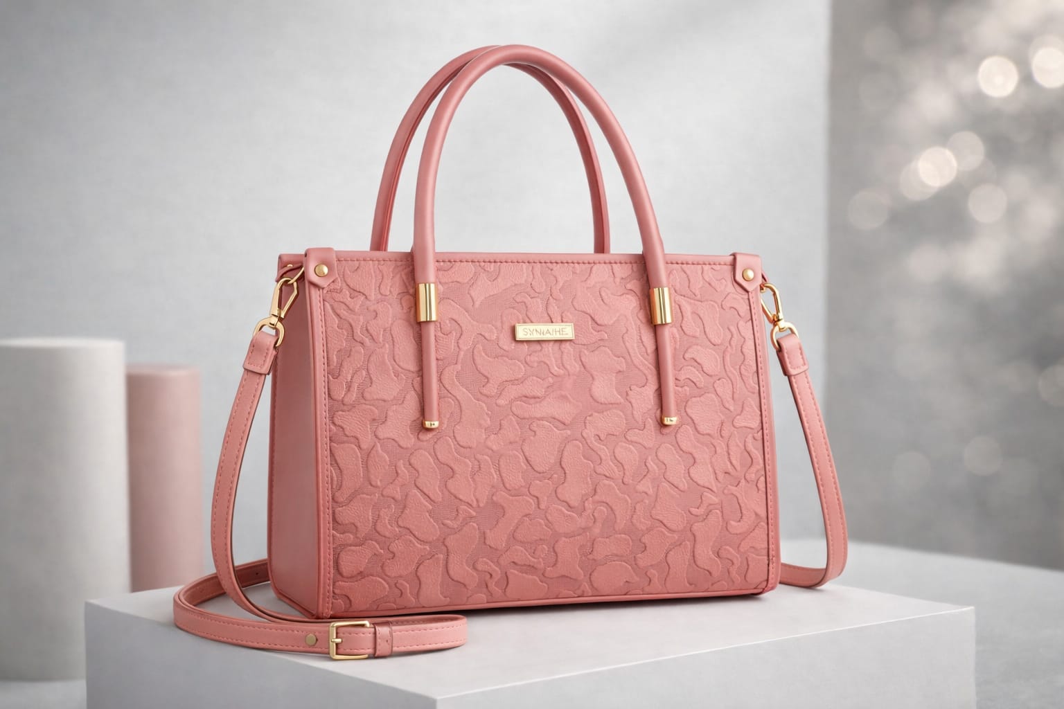 Wonder Mart Vienna Royale Embossed Tote Handbag in Royal pink featuring premium faux leather, elegant embossed floral texture, gold-tone hardware, structured design, top handles, and detachable shoulder strap.